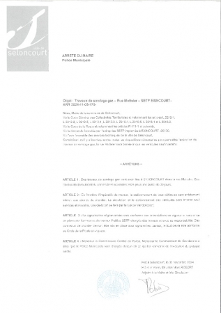 ARR2024-11-05-170 Arrêté de circulation route barrée rue Motteler par SBTP à partir du 08 novembre pour une durée de 30 jours pour sondage réseau gaz