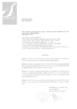 ARR2024-11-14-176 Arrêté de circulation rue d'audincourt par RM Facilities pour création de boucles au sol du 21 novembre durant 1 semaine