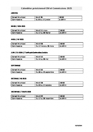 Calendrier prévisionnel CM et Commissions 2025