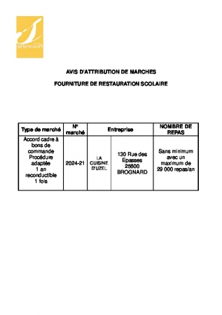 AVIS D ATTRIBUTION  Fourniture de restauration scolaire