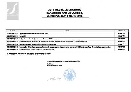 LISTE DES DELIBERATIONS CM DU 11 MARS 2025