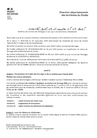 Arrêté 2025 relatif au prix normal des fermages et aux loyers des bâtiments d'habitation